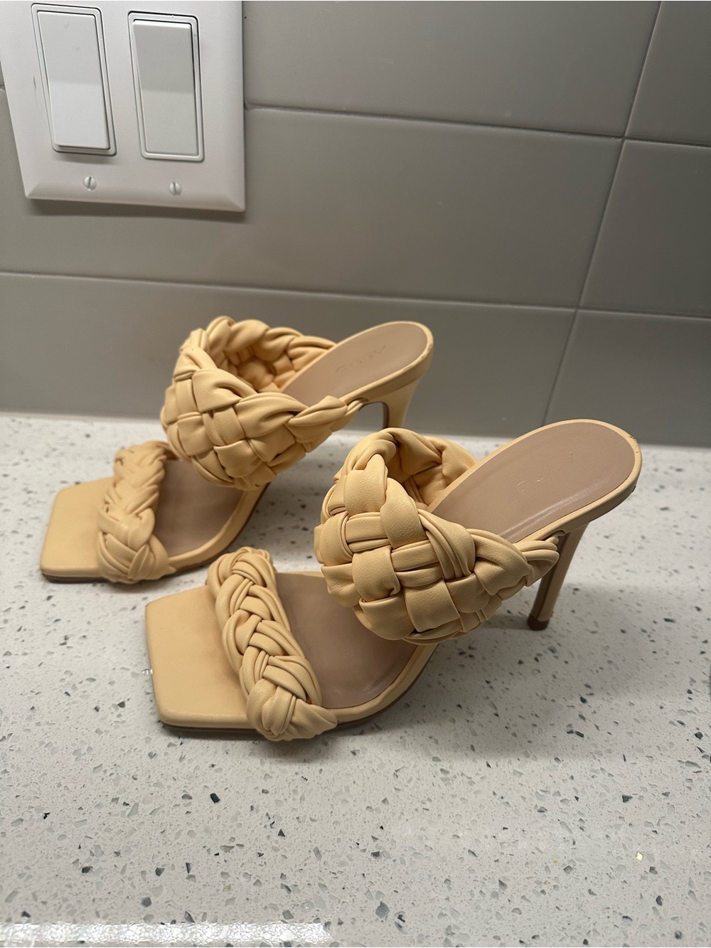Braided High Heel Slide Sandals in Light yellow